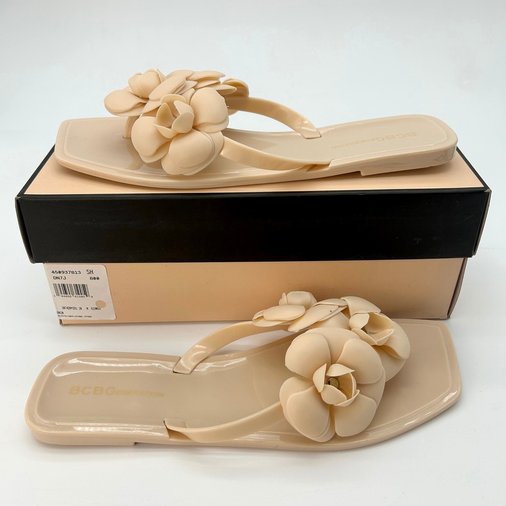 Womens Jelly Flip Flops BCBGeneration Lulu Size 10 Cream Tan Floral Slides NEW